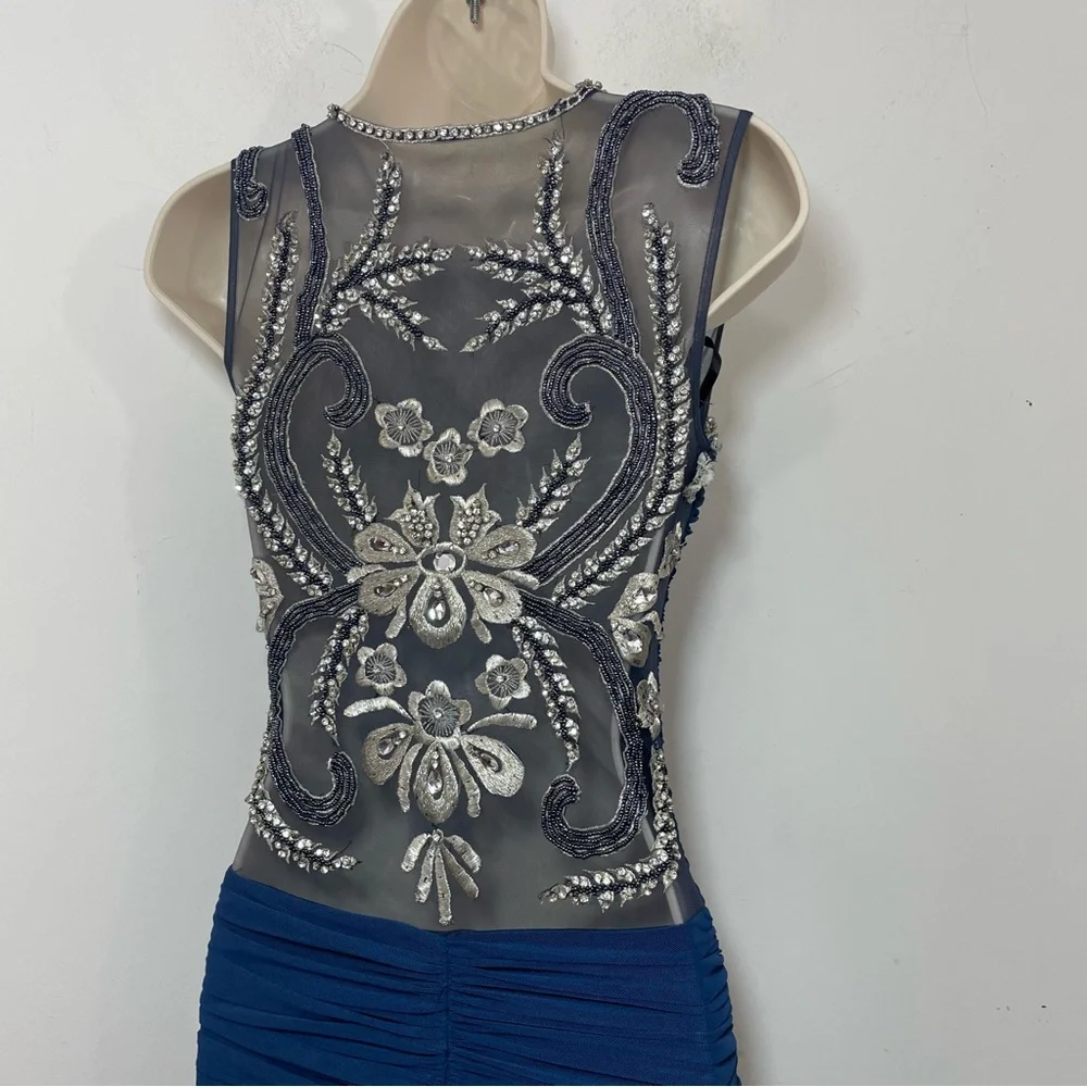 Jovani Ruched Evening gown Dress Embroidered Rhinestons size 00 pageant Blue - Picture 5 of 13